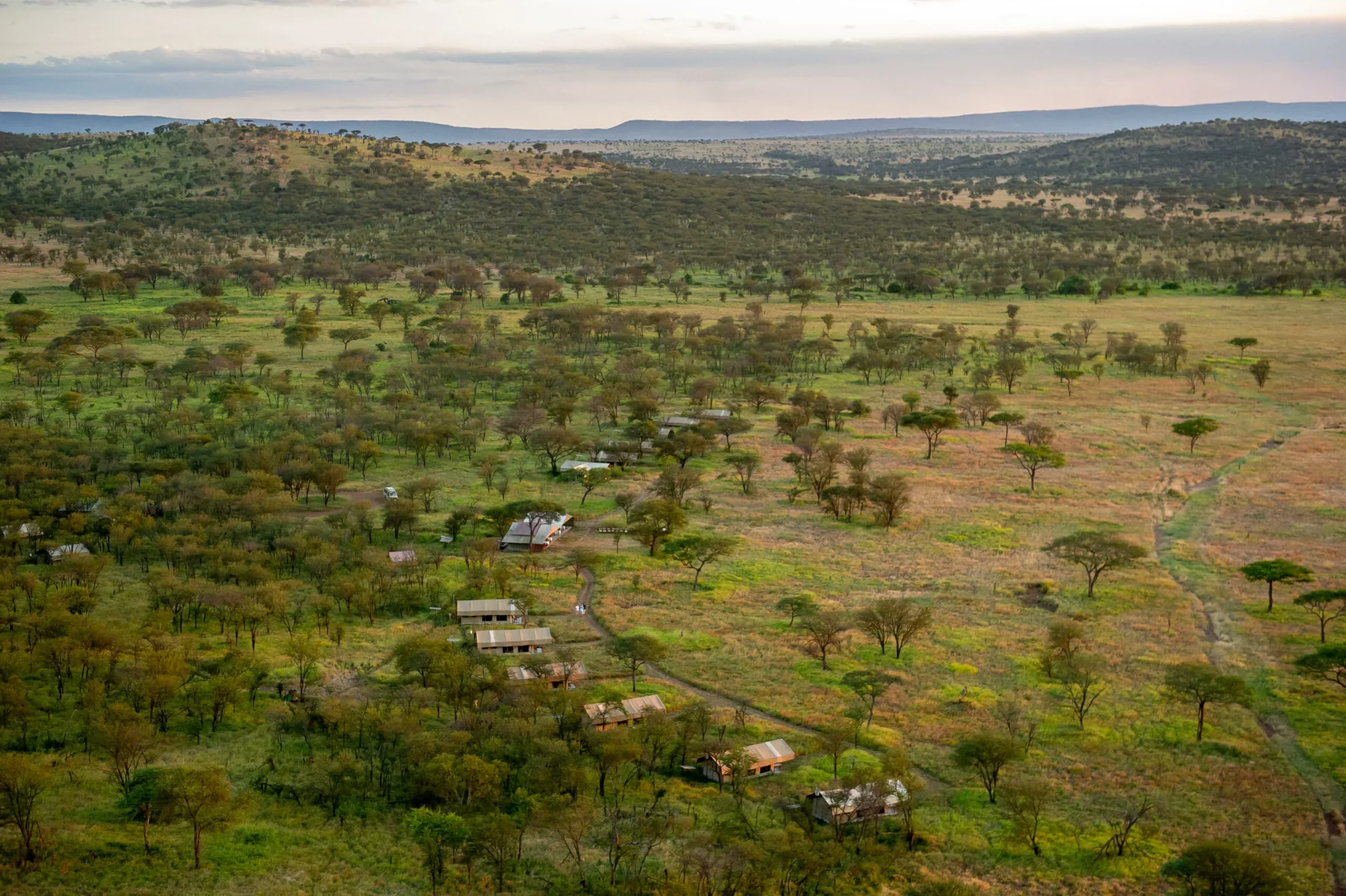 Aerial view of Serengeti Kati Kati Tented Camp and surrounding plains